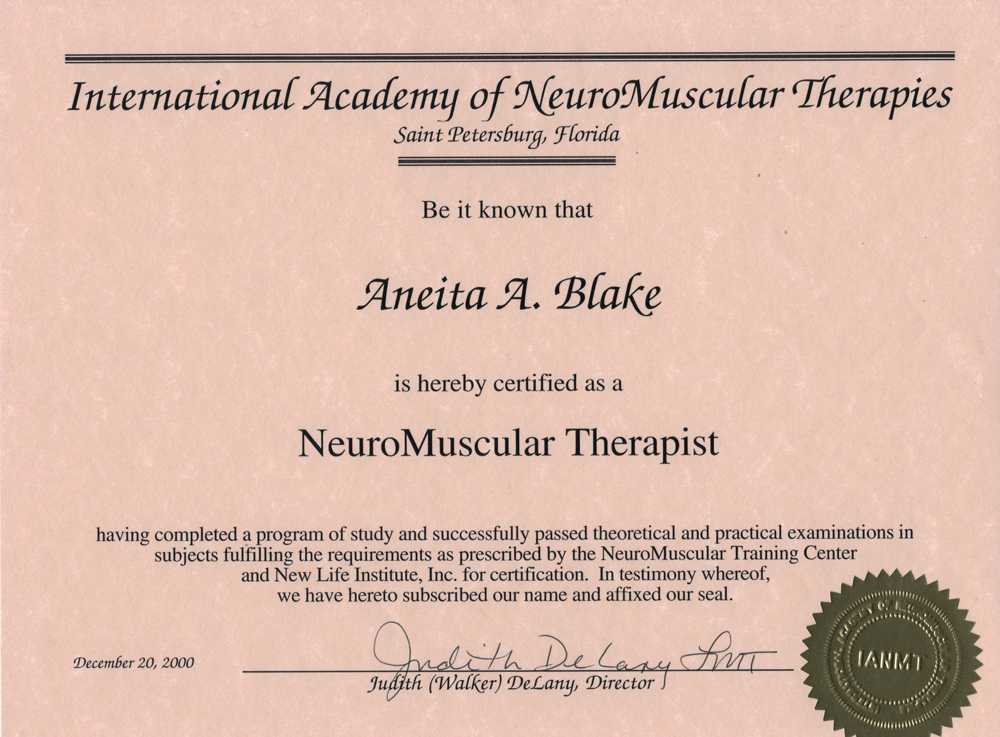 Certificate NeuroMuscular Therapist Aneita