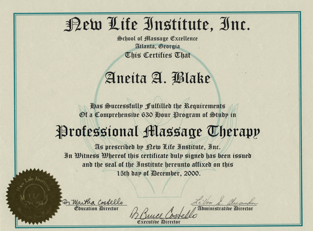 Certificate Professional Massage Therapy Aneita