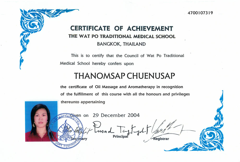 Zertifikate Aromatherapie Thanomsap