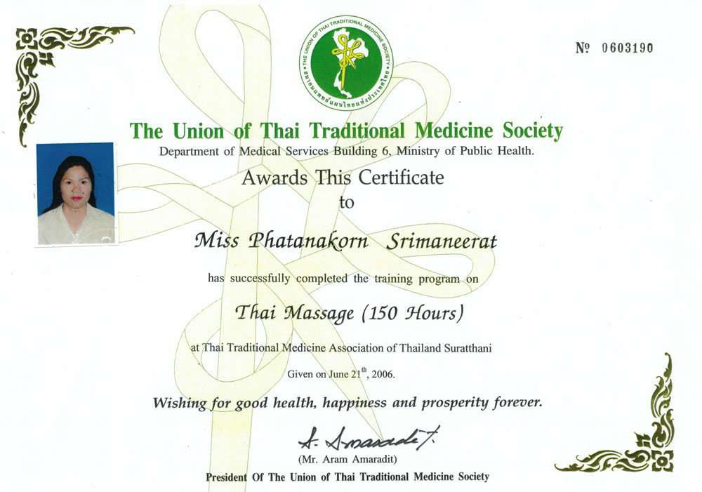 Certificate Thai Massage Bee