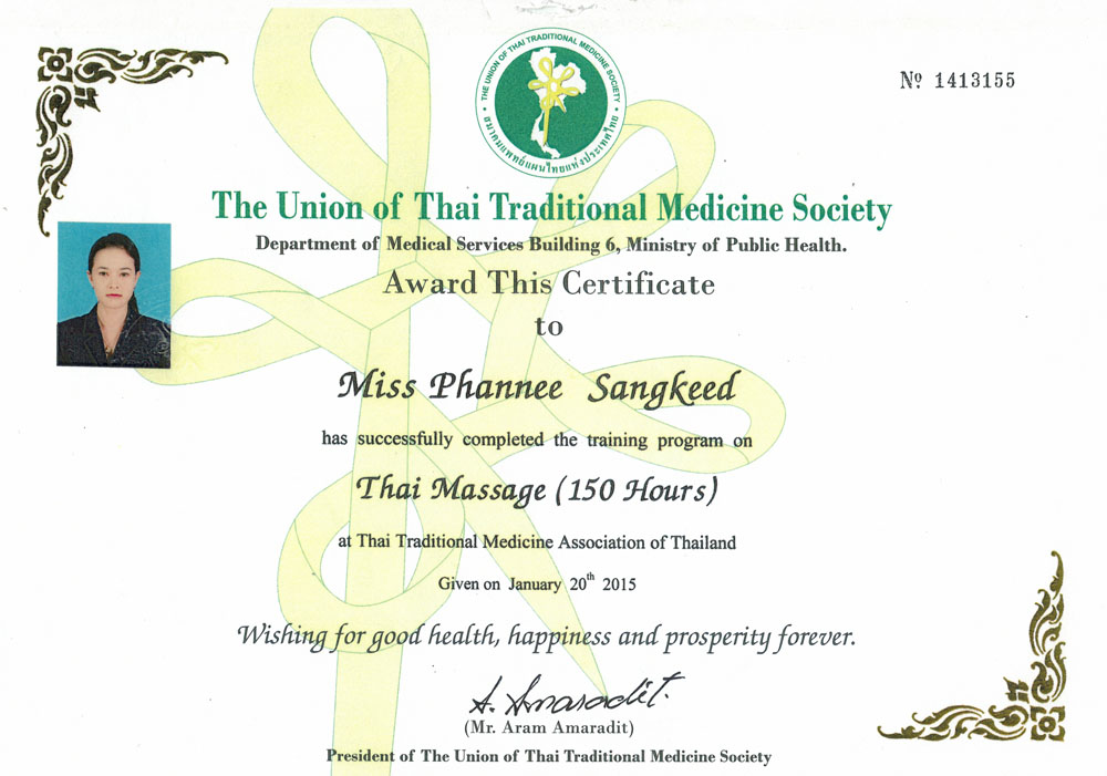Certificate Thai Massage Phannee